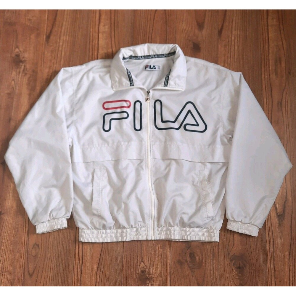 Vtg 90s White FILA Windbreaker Big Logo Spellout Track Jacket Hidden Hood Size S
